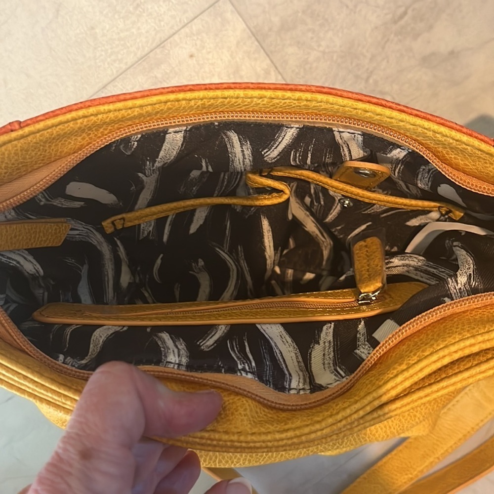 Kenzie  Crossbody or shoulder Bag  Bright pink, orange, goldenrod  10hx 12w x 3d - Picture 7 of 16